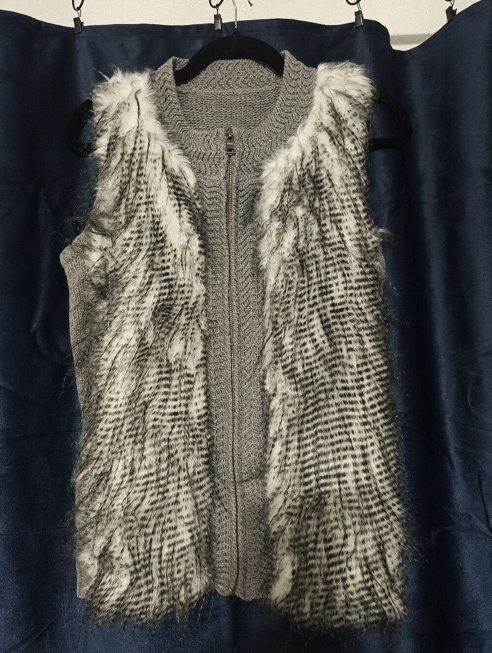 Gray Faux Owl Fur & Knit Zip-Front Vest